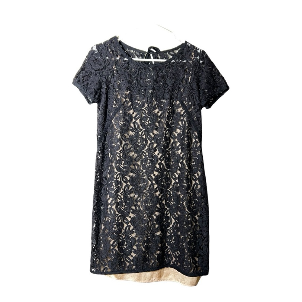 2125. UNBRANDED FULL BLACK LACE OVER TAN SILKY SLIP DRESS SEE MEASUREMENTS